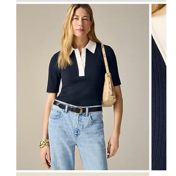 J. Crew Black and White Women's Premium rib short sleeve polo shirt - Picture 3 of 4